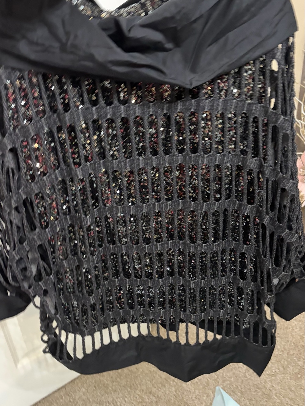 Black Off-the-Shoulder Sequin Mesh Sweater